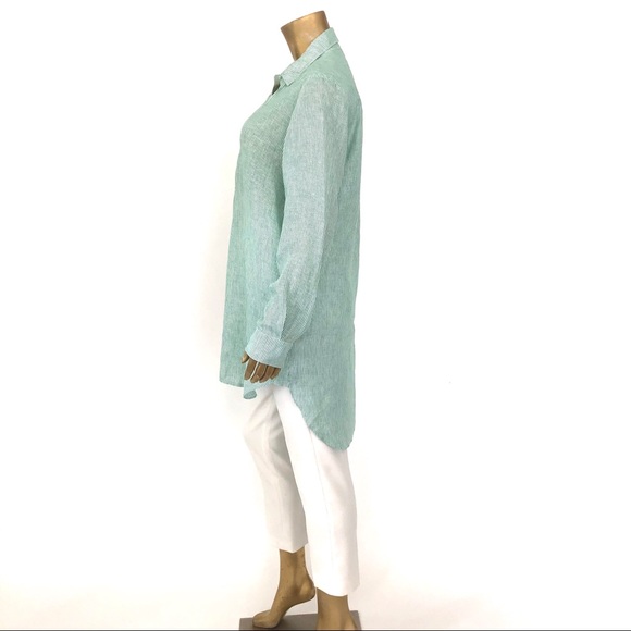 HARSHMAN 100% LINEN GREEN STRIPE TUNIC DRESS   M - Picture 3 of 8